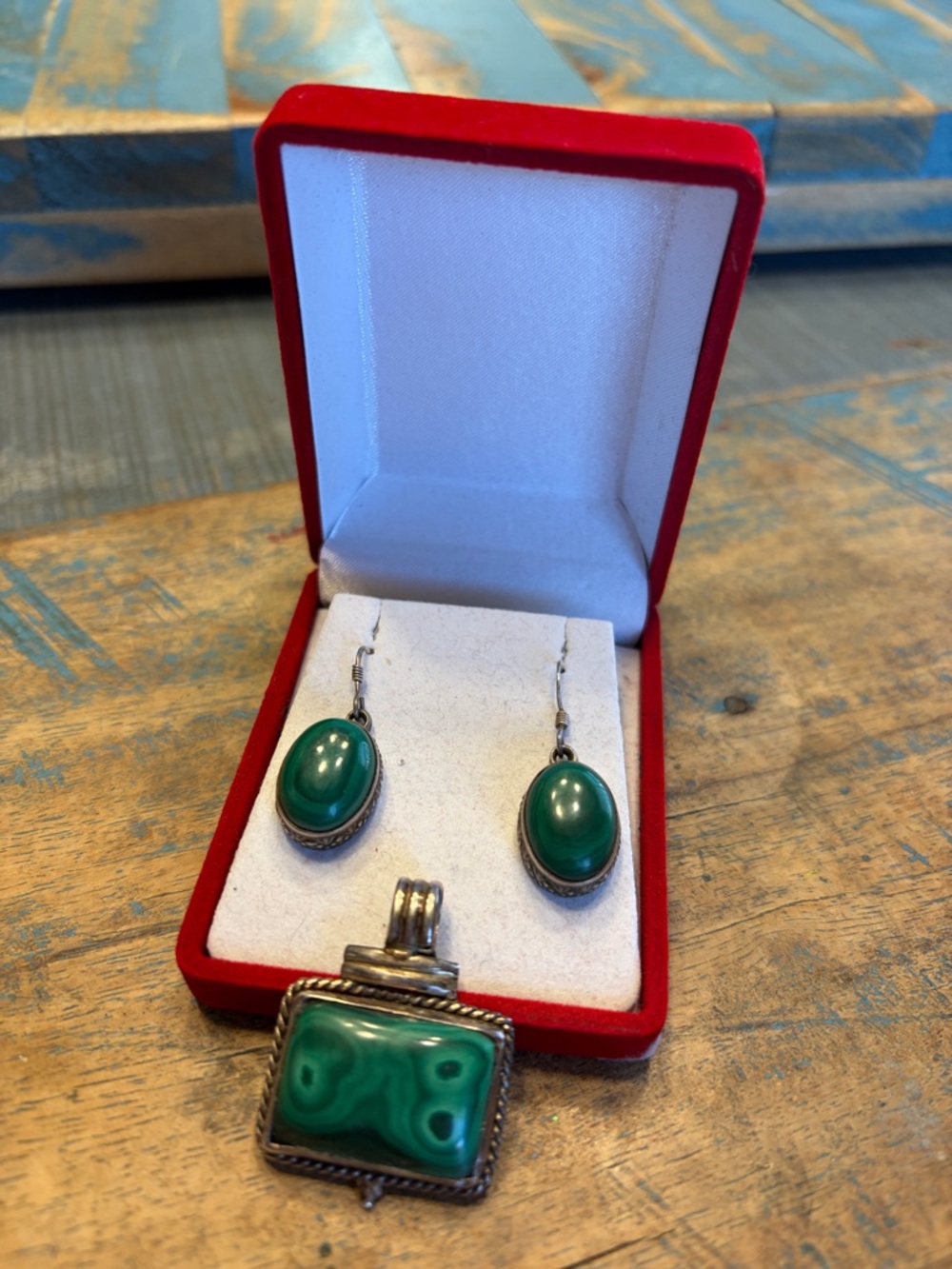 Artisan Green Malachite Drop Earrings with Matching Pendant